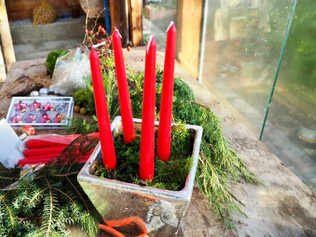 Kerzen feststecken - Weihnachtsgesteck